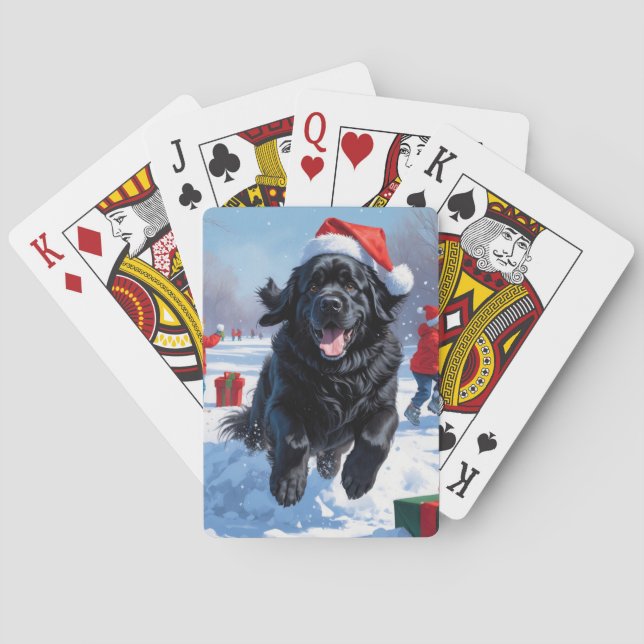 Newfoundland Running in Snow with Christmas Hat Playing Cards (Back)