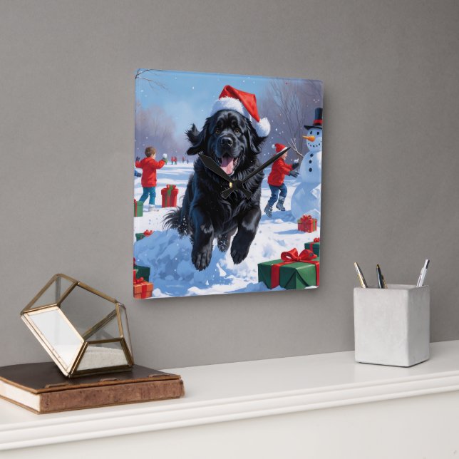 Newfoundland Running in Snow with Christmas Hat Square Wall Clock (Office)