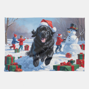 Newfoundland Running in Snow with Christmas Hat Tea Towel