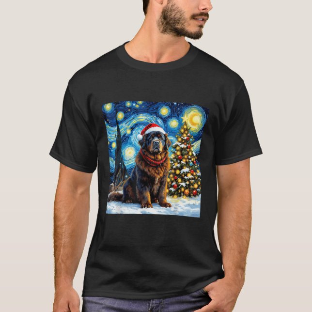 Newfoundland Starry Night Christmas Van Gogh Dog S T-Shirt (Front)
