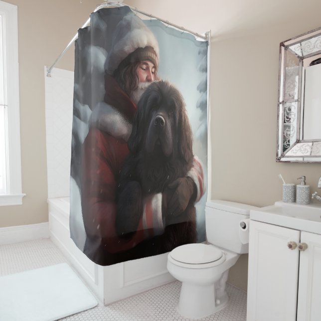 Newfoundland With Santa Claus Festive Christmas  Shower Curtain (In Situ)