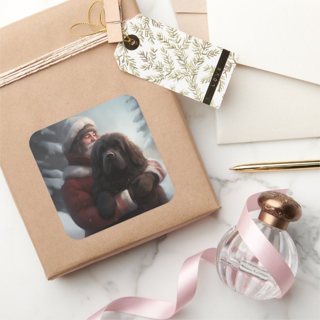 Newfoundland With Santa Claus Festive Christmas  Square Sticker (Gifting)