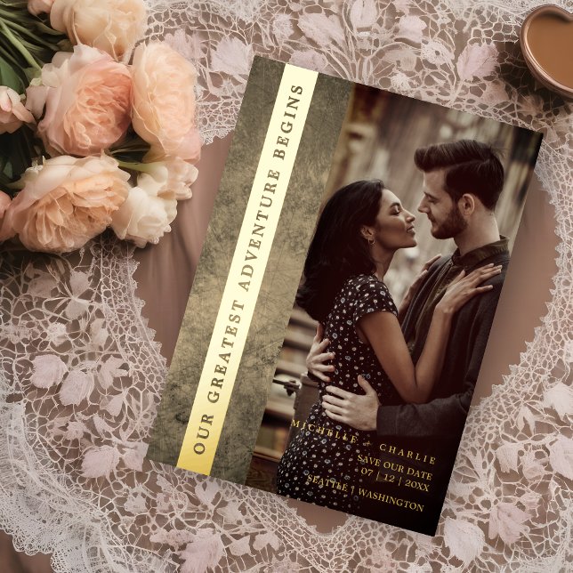 Newly Engaged Wedding Modern Grunge Romantic Photo (Golden Newly Engaged Wedding Modern Grunge Romantic Photo Real Metallic Foil Save the Date Card.)