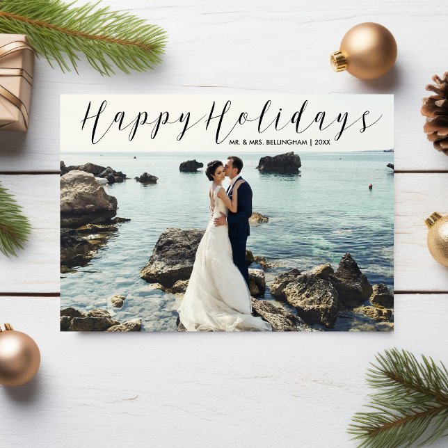 Newly Married Happy Holidays Photo Elegant Marble Holiday Card (Creator Uploaded)