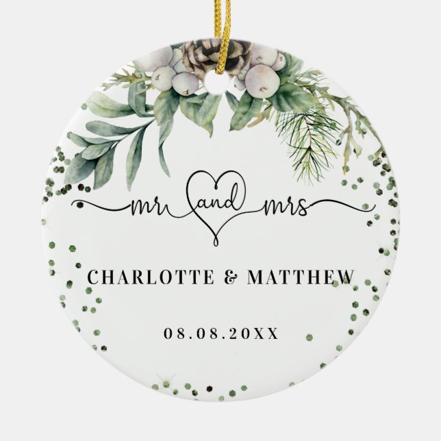Newly weds  names mr mrs christmas ceramic tree decoration (Front)