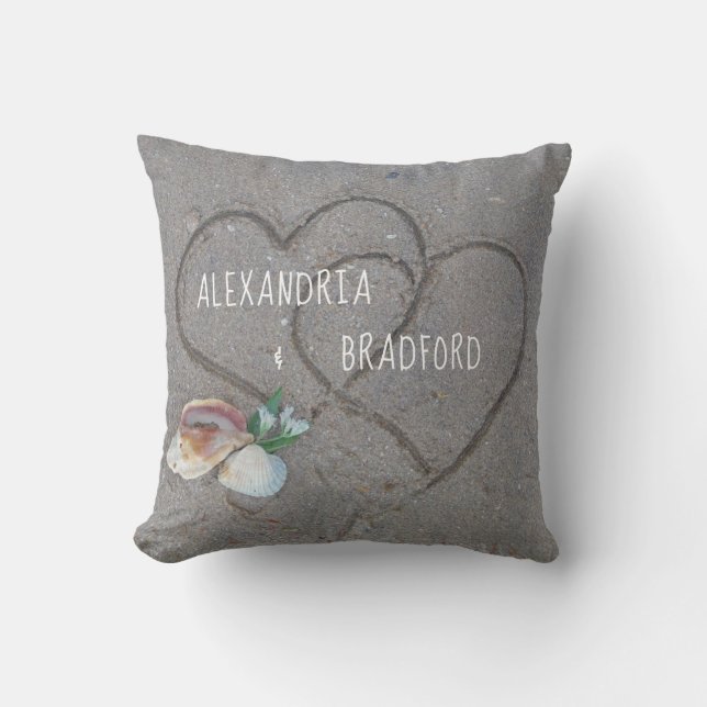 Newly weds personalised beach heart gift keepsake cushion (Front)