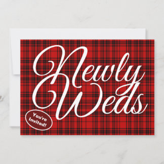Newly Weds White Calligraphy Check Plaid black Red Invitation