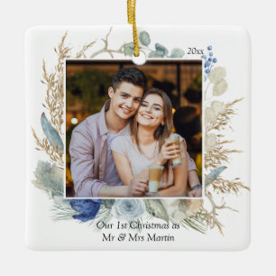 Newlywed 1st Christmas Mr & Mrs Chic Floral Photo Ceramic Ornament
