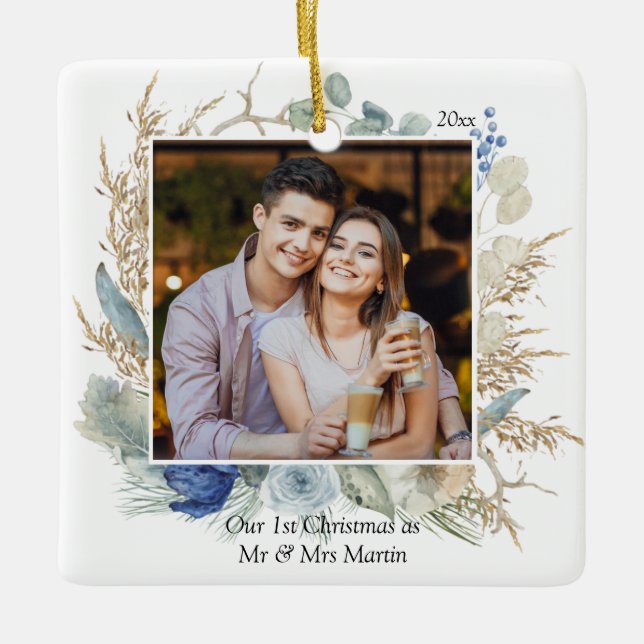 Newlywed 1st Christmas Mr & Mrs Chic Floral Photo Ceramic Ornament (Front)