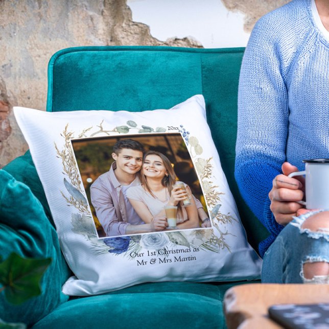 Newlywed 1st Christmas Mr & Mrs Chic Floral Photo Cushion (Creator Uploaded)