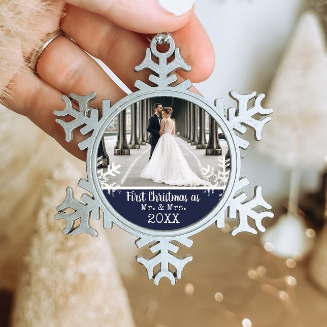 Newlywed 1st Christmas Photo Navy Blue Snowflakes Snowflake Pewter Christmas Ornament (Rustic snowflake family holiday keepsake photo ornament perfect for gifts to bring joy to others.)