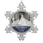 Newlywed 1st Christmas Photo Navy Blue Snowflakes