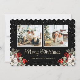 Newlywed 2 Photo Botanical Black Merry Christmas Holiday Card