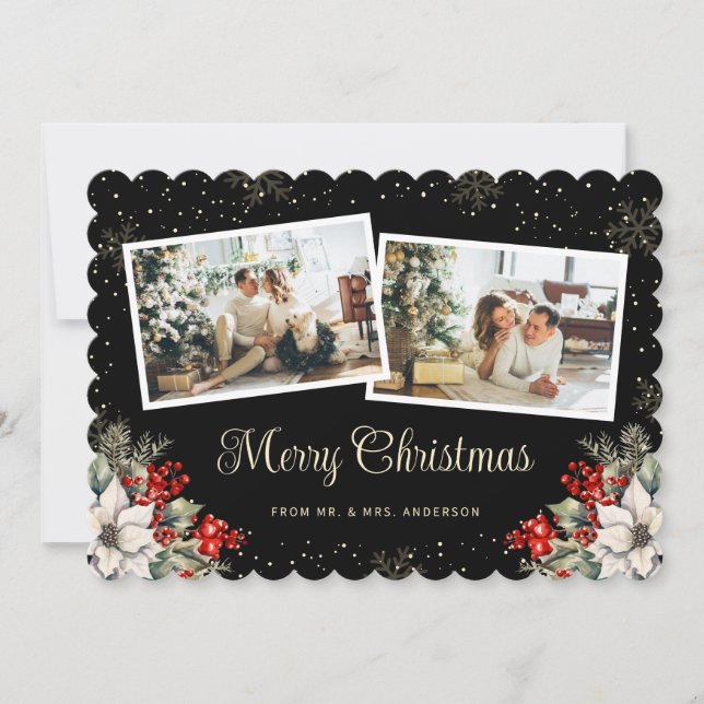 Newlywed 2 Photo Botanical Black Merry Christmas Holiday Card (Front)