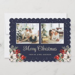 Newlywed 2 Photo Botanical Blue Merry Christmas Holiday Card