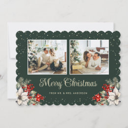 Newlywed 2 Photo Botanical Green Merry Christmas Holiday Card