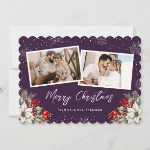 Newlywed 2 Photo Botanical Purple Merry Christmas Holiday Card
