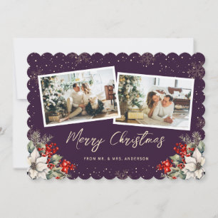 Newlywed 2 Photo Botanical Purple Merry Christmas Holiday Card