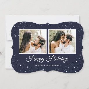 Newlywed 2 Photo Snowflake Blue Holiday Card