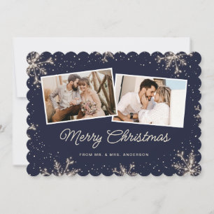 Newlywed 2 Photo Snowflake Blue Merry Christmas Holiday Card