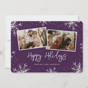 Newlywed 2 Photo Snowflake Purple Silver Holiday Card