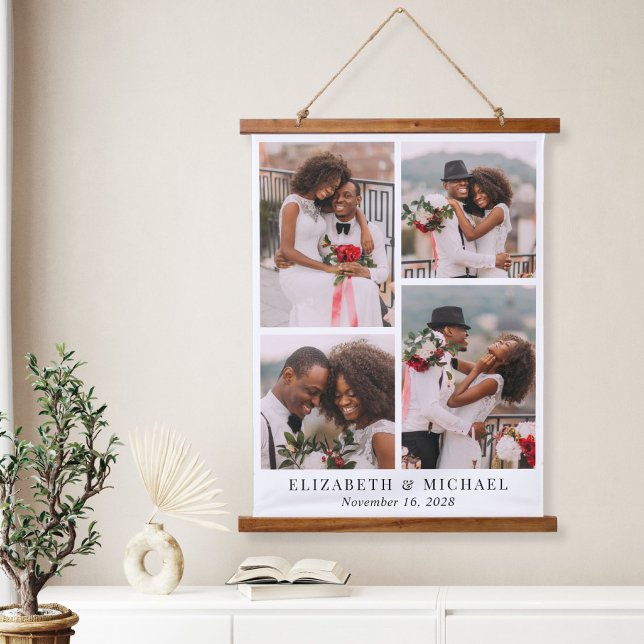 Newlywed 4 Photo Collage Wedding Hanging Tapestry (Creator Uploaded)