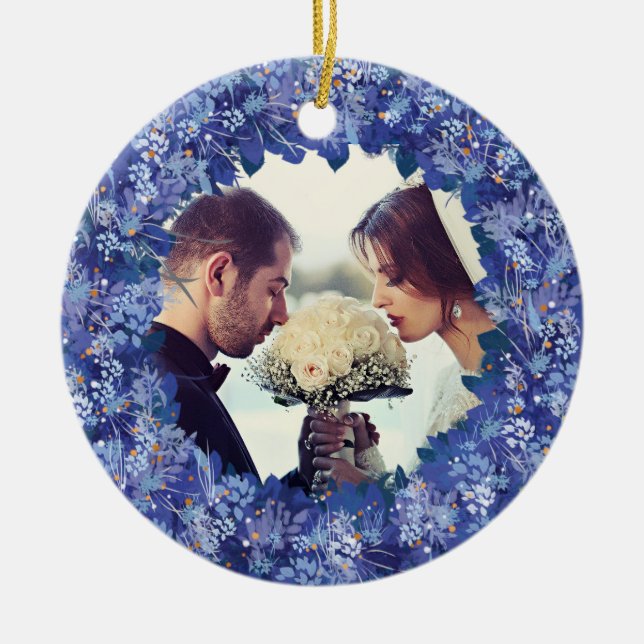 Newlywed Blue Wreath Keepsake Ceramic Tree Decoration (Front)