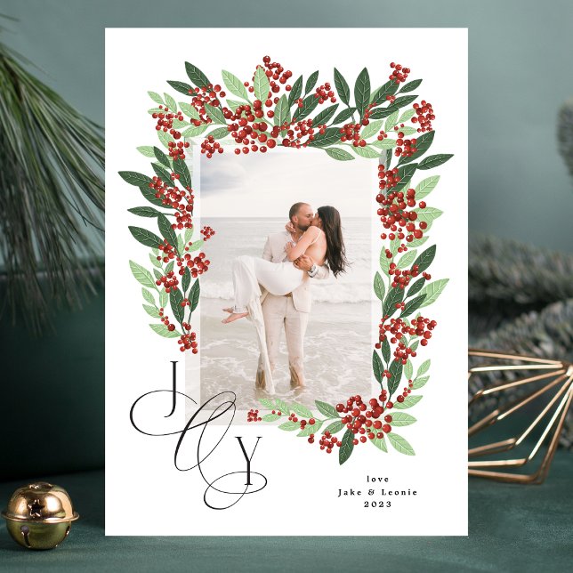 Newlywed Calligraphy JOY Floral Christmas Photo Holiday Card (Creator Uploaded)