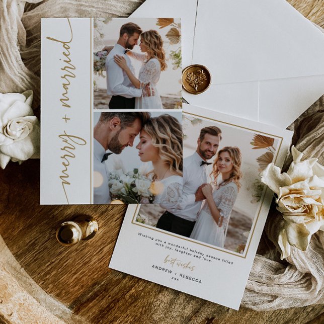 Newlywed Christmas Card 3 Photo Holiday Card Gold  (Creator Uploaded)