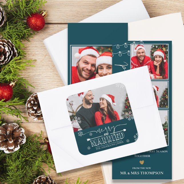 Newlywed Christmas Green Merry & Married Photo Square Sticker (Newlywed Christmas Green Merry & Married Photo Square Sticker)