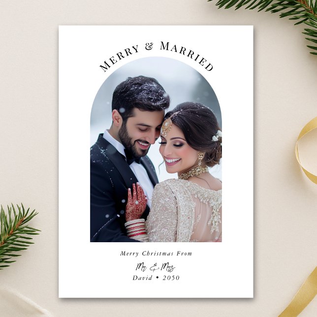 Newlywed Christmas Merry & Married Arch Photo Holiday Card (Creator Uploaded)