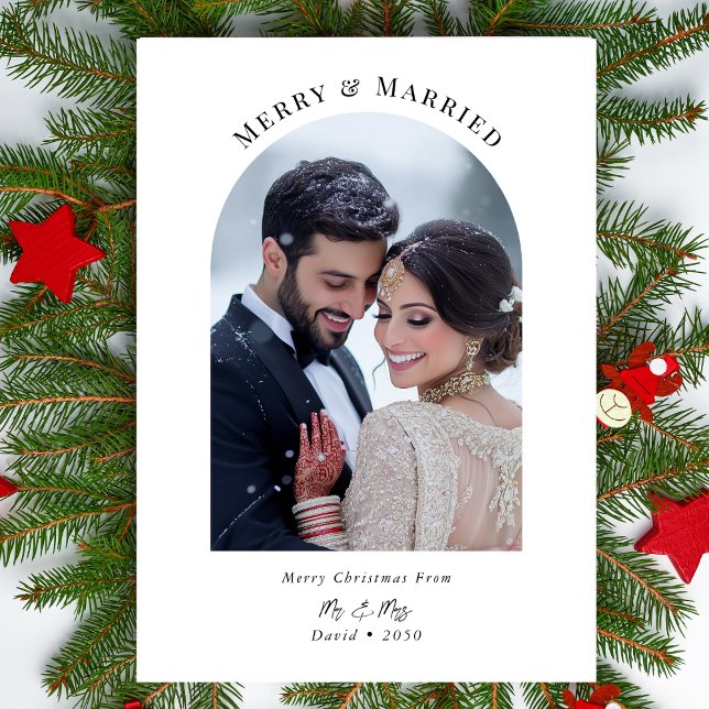 Newlywed Christmas Merry & Married Arch Photo Holiday Card (Creator Uploaded)