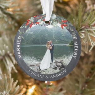 Newlywed Christmas Photo Holly Greenery Chalkboard Ornament