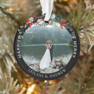 Newlywed Christmas Photo Watercolor Holly Black Ornament