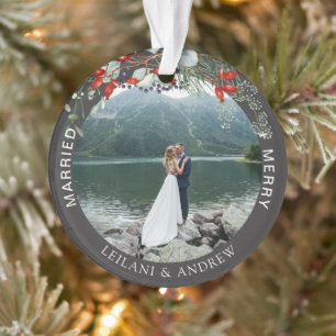 Newlywed Christmas Photo Watercolor Holly Grey Ornament