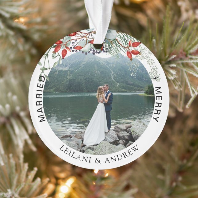 Newlywed Christmas Photo Watercolor Holly Ornament (Tree)