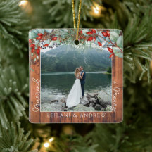 Newlywed Christmas Photo Watercolor Holly Rustic