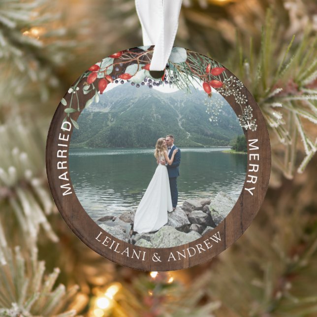 Newlywed Christmas Photo Watercolor Holly Wood Ornament (Tree)