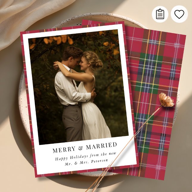 Newlywed Christmas Plaid Merry and Married Photo Holiday Card (Creator Uploaded)