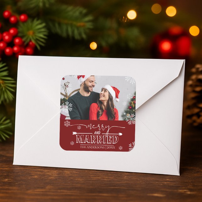 Newlywed Christmas Red Merry & Married Photo Square Sticker (Newlywed Christmas Red Merry & Married Photo Square Sticker)