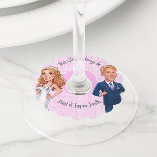 newlywed couple pink cartoon doctors wine glass tag
