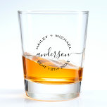 Newlywed Couple Wedding Anniversary Shot Glass<br><div class="desc">Elegant wedding shot glass party favour for newlywed couple  Personalise it by adding a each spouses name,  last name and your wedding anniversary date.  Great his and hers bridal shower gift for a husband and wife.</div>