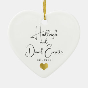 Newlywed Date Established Script Gold Heart Ceramic Tree Decoration