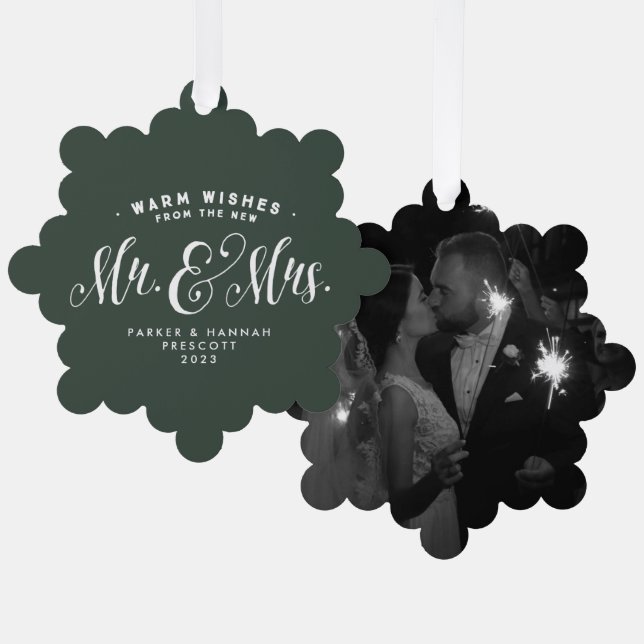 Newlywed elegant green one photo Christmas Tree Decoration Card (Front/Back)