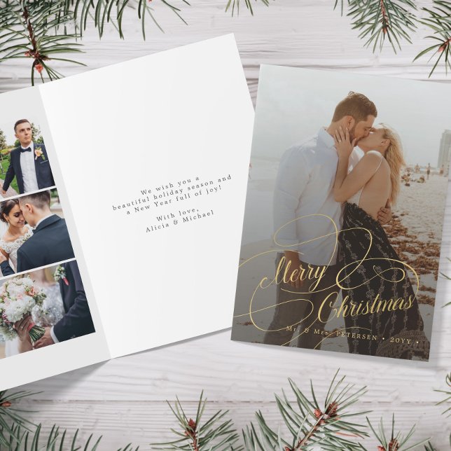 Newlywed elegant Merry Christmas 6 photo collage Holiday Card (Creator Uploaded)