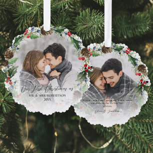 Newlywed First Christmas Botanical 2 Photo Tree Decoration Card