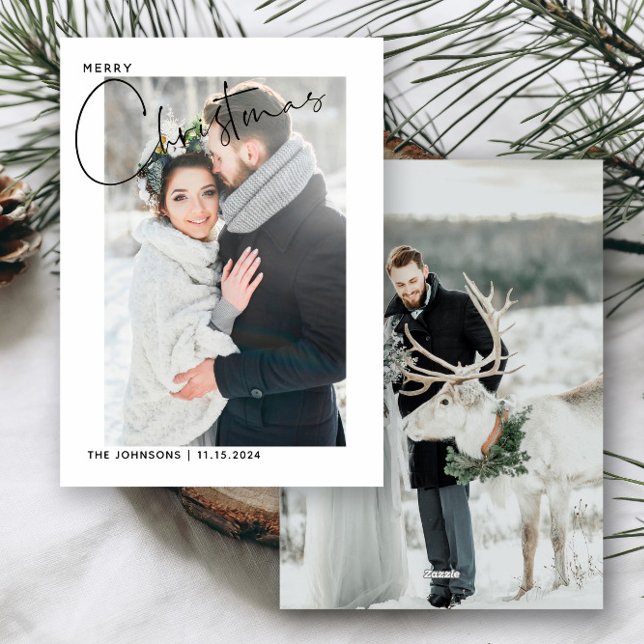 Newlywed First Christmas Hand Lettered 2 Photo  Holiday Card (Easily personalize this simple holiday card with 2 of your wedding photos and your deets)