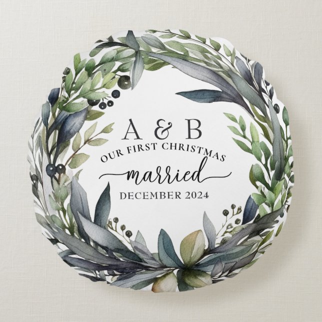 Newlywed First Christmas Personalised  Round Cushion (Front)
