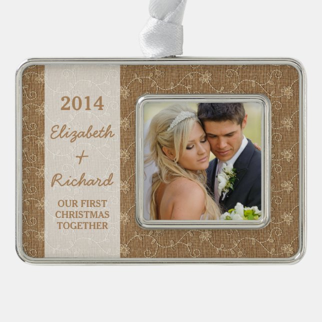 Newlywed First Christmas Photo Rustic Burlap Lace Silver Plated Framed Ornament (Front)