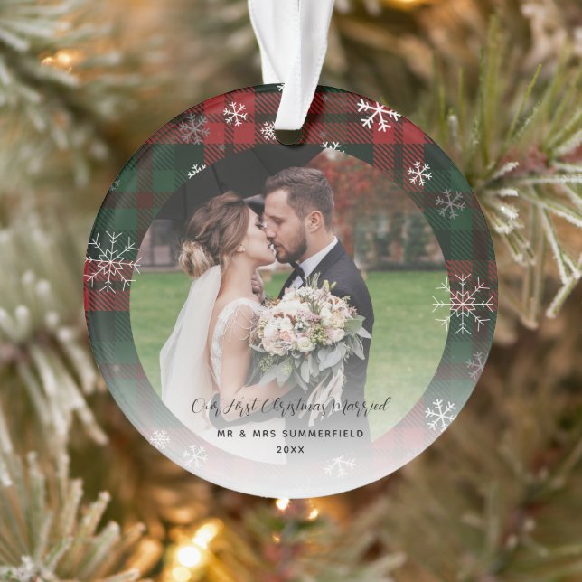 Newlywed First Christmas Plaid Snowflakes Holiday Ornament (Tree)